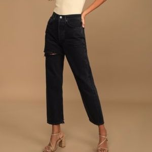 90s Washed Black Distressed Denim Straight Jeans